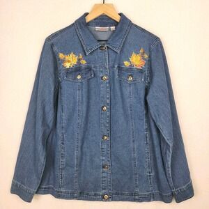 Quacker Factory Lightweight Denim Jacket Women's L Leaf Embroidery Sparkle